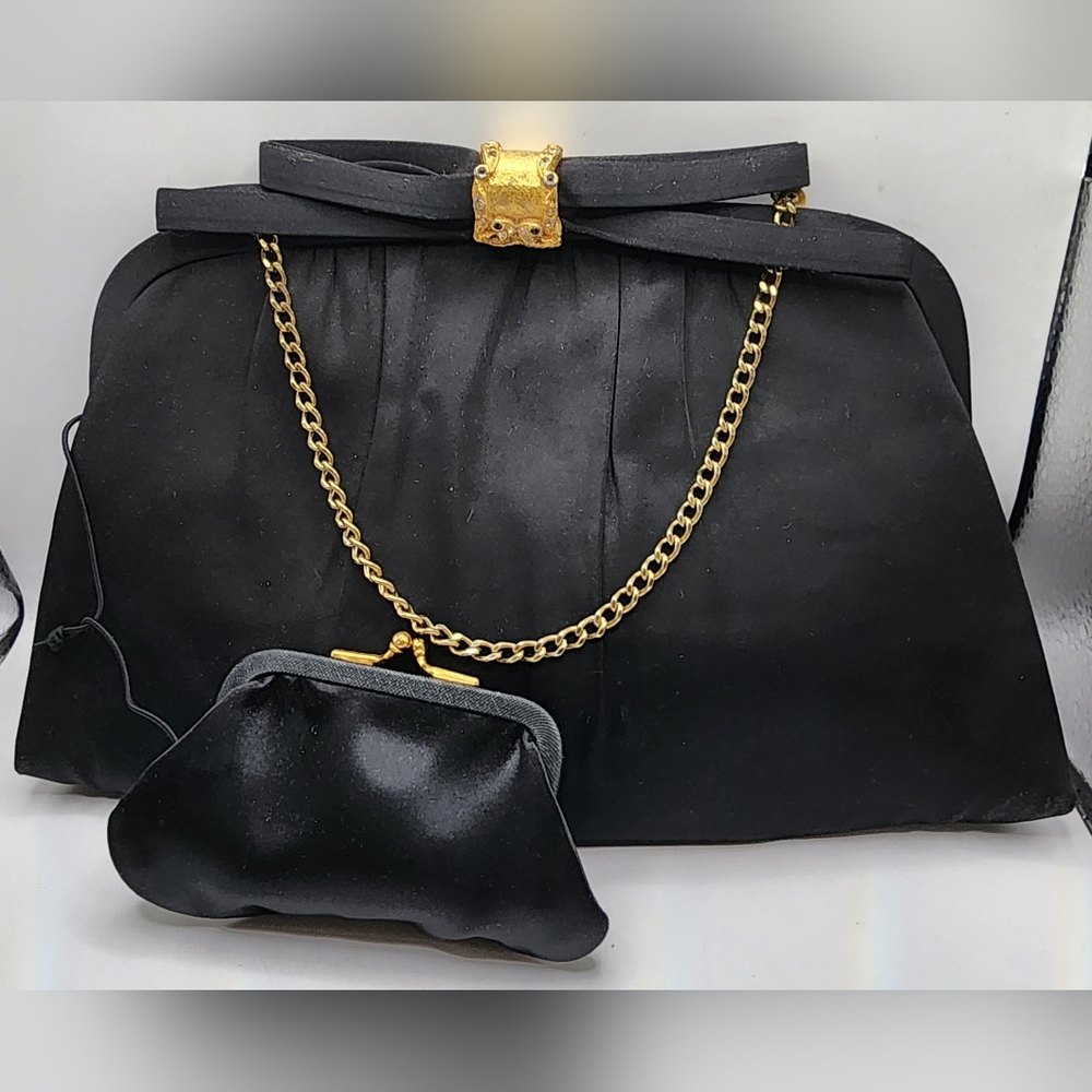 1960’s Vintage Satin Black Evening Bag Cocktail Clutch After Five made in USA